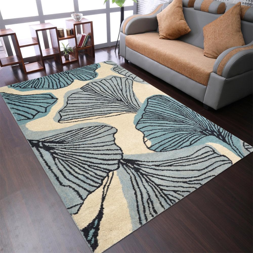 Hand Tufted Wool 5'x8' Area Rug Floral Cream Blue K00662