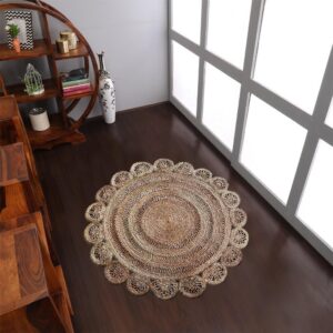 HAND WOVEN JUTE ECO-FRIENDLY Oriental AREA RUGS - 5'x5', Round Shape, Beige Color, Oriental Pattern, High Pile,